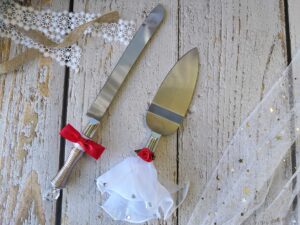 abbie home wedding anniversary cake knife and server set in grey and white- silk bow tie and red rose rhinestone lace decoration (cake knife&server set)