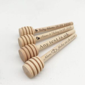 personalized mini honey dipper stick custom honey spoon combs for wedding party gifts baby bath and baptism dessert utensils wooden spoons logo (50p,10cm/3.9in)