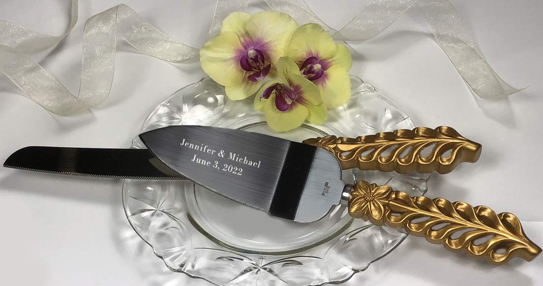 FASHIONCRAFT Personalized, ENGRAVED Gold Lattice Wedding Cake Serving Set - Knife & Server, Silver Engraving