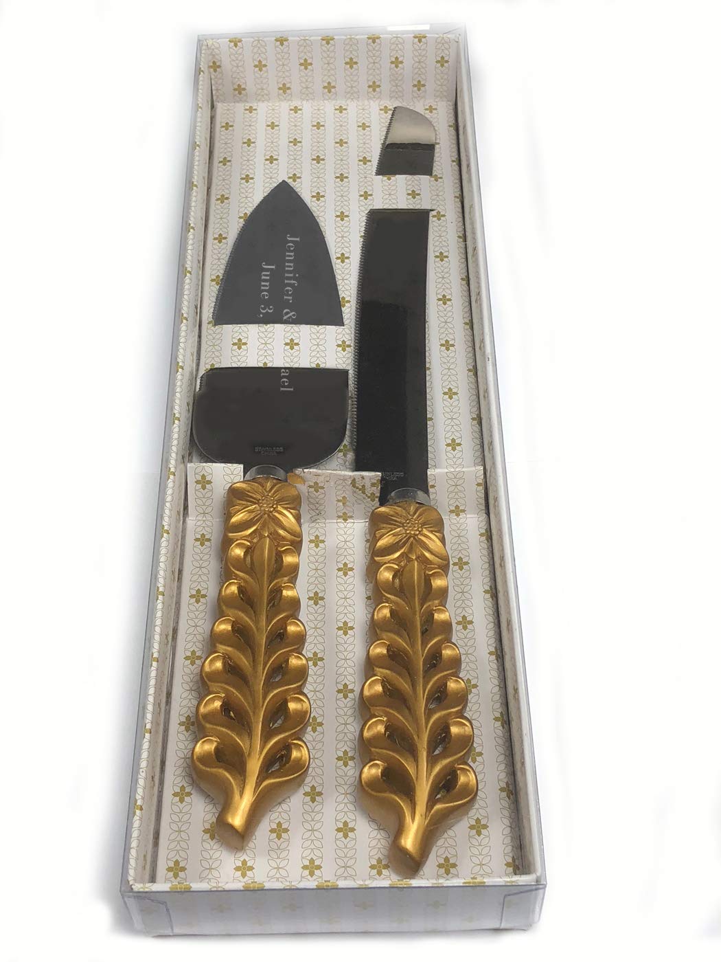 FASHIONCRAFT Personalized, ENGRAVED Gold Lattice Wedding Cake Serving Set - Knife & Server, Silver Engraving