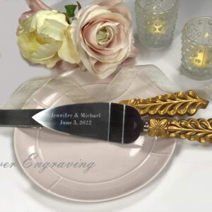 FASHIONCRAFT Personalized, ENGRAVED Gold Lattice Wedding Cake Serving Set - Knife & Server, Silver Engraving