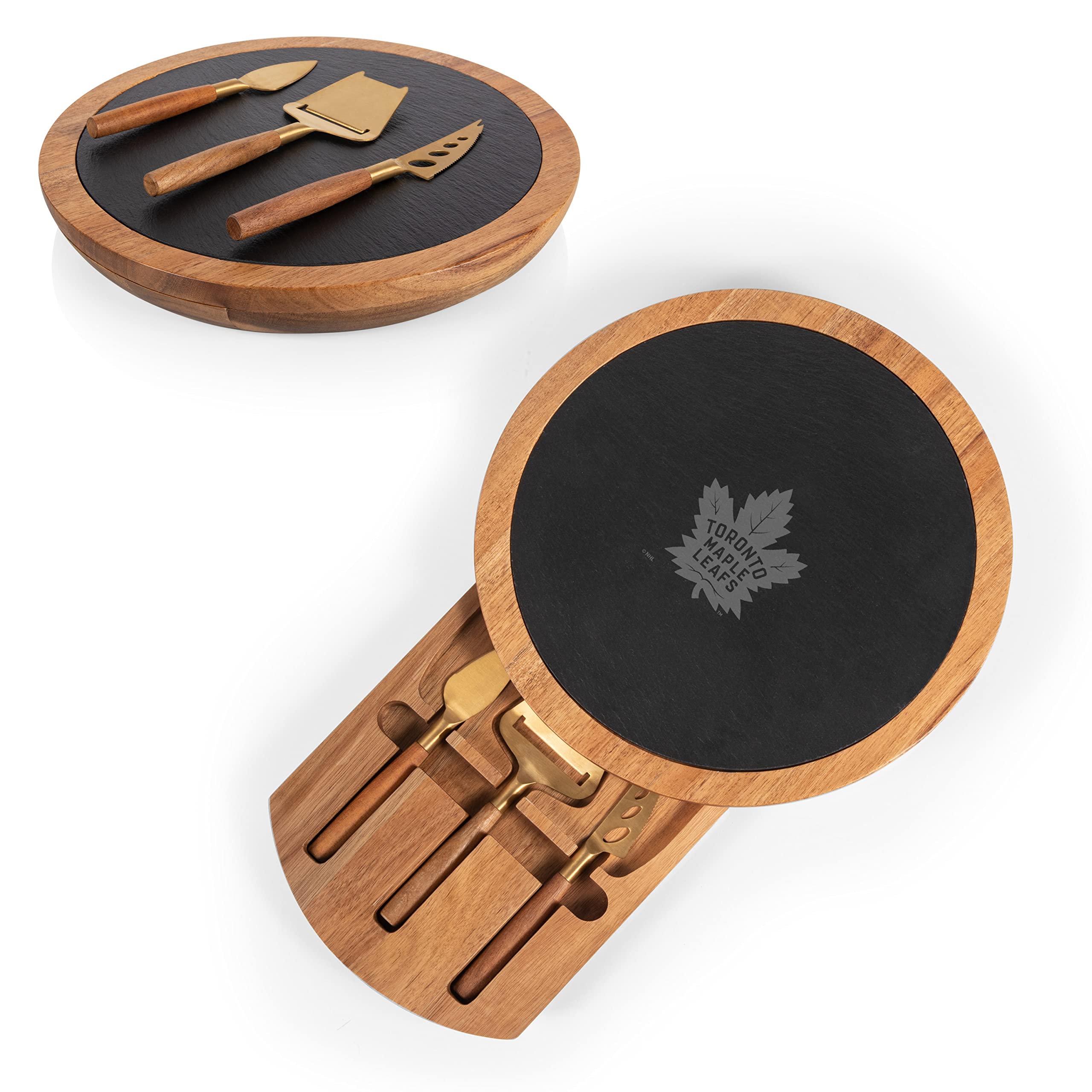 PICNIC TIME NHL Toronto Maple Leafs Insignia Acacia and Slate Serving Board with Cheese Tools, Charcuterie Board Set, Wood Cutting Board, (Acacia Wood & Slate Black with Gold Accents)