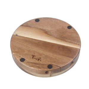 Tungyi Round Slide-Out Acacia Wood Cheese Serving Board and 3 Piece Cheese Tool Set, 7.5 inch Diameter, Ideal for Outdoor Picnic Housewarming Kitchen Personalized Gift