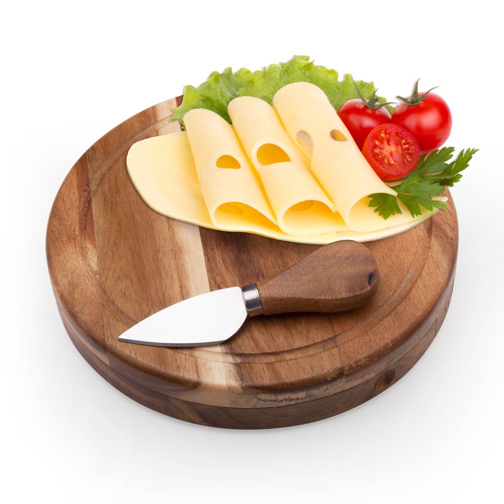 Tungyi Round Slide-Out Acacia Wood Cheese Serving Board and 3 Piece Cheese Tool Set, 7.5 inch Diameter, Ideal for Outdoor Picnic Housewarming Kitchen Personalized Gift