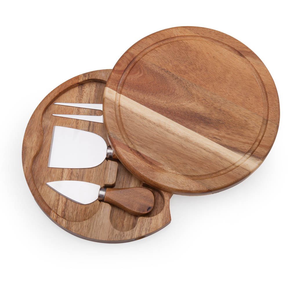 Tungyi Round Slide-Out Acacia Wood Cheese Serving Board and 3 Piece Cheese Tool Set, 7.5 inch Diameter, Ideal for Outdoor Picnic Housewarming Kitchen Personalized Gift