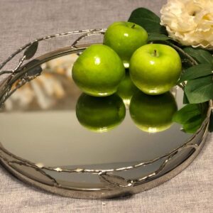 Round Mirror Tray with Nickel Leaf Design - Elegant Serving Tray - Round Mirror Vanity Tray…