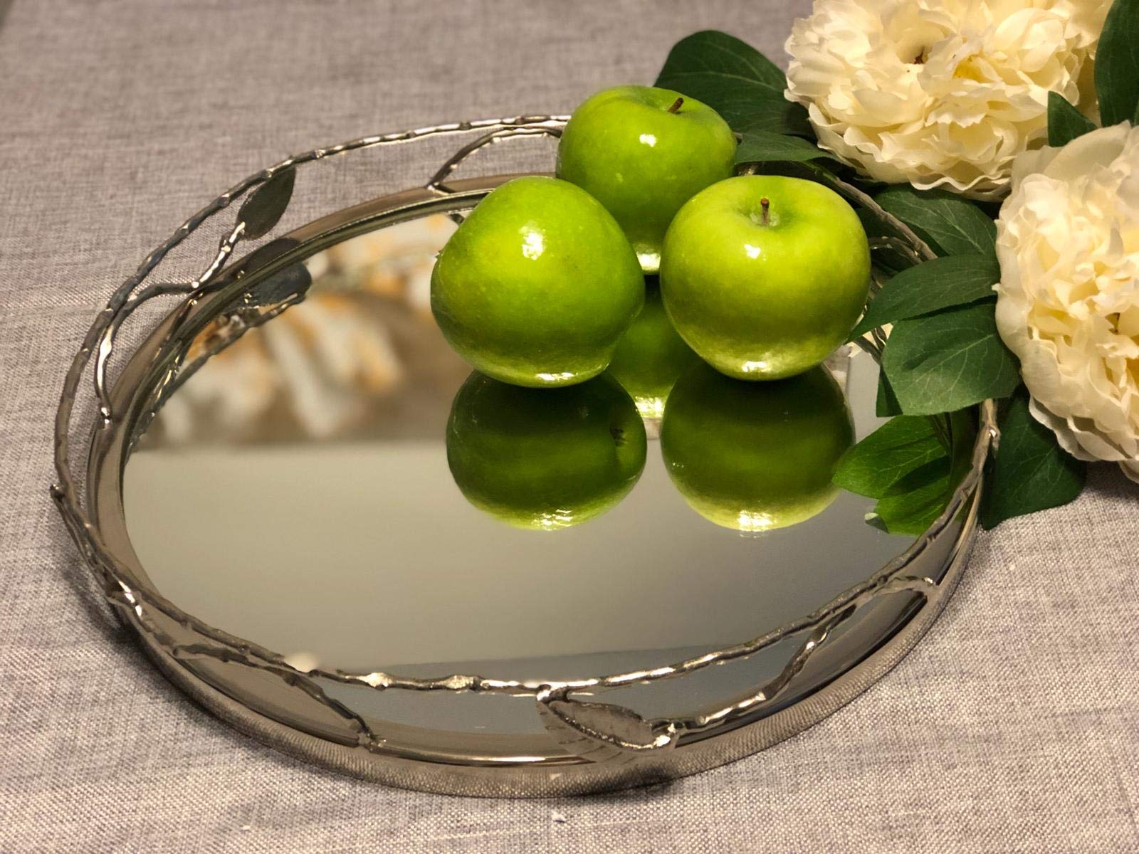 Round Mirror Tray with Nickel Leaf Design - Elegant Serving Tray - Round Mirror Vanity Tray…