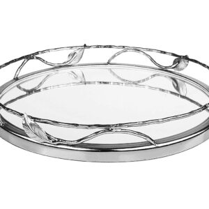 Round Mirror Tray with Nickel Leaf Design - Elegant Serving Tray - Round Mirror Vanity Tray…