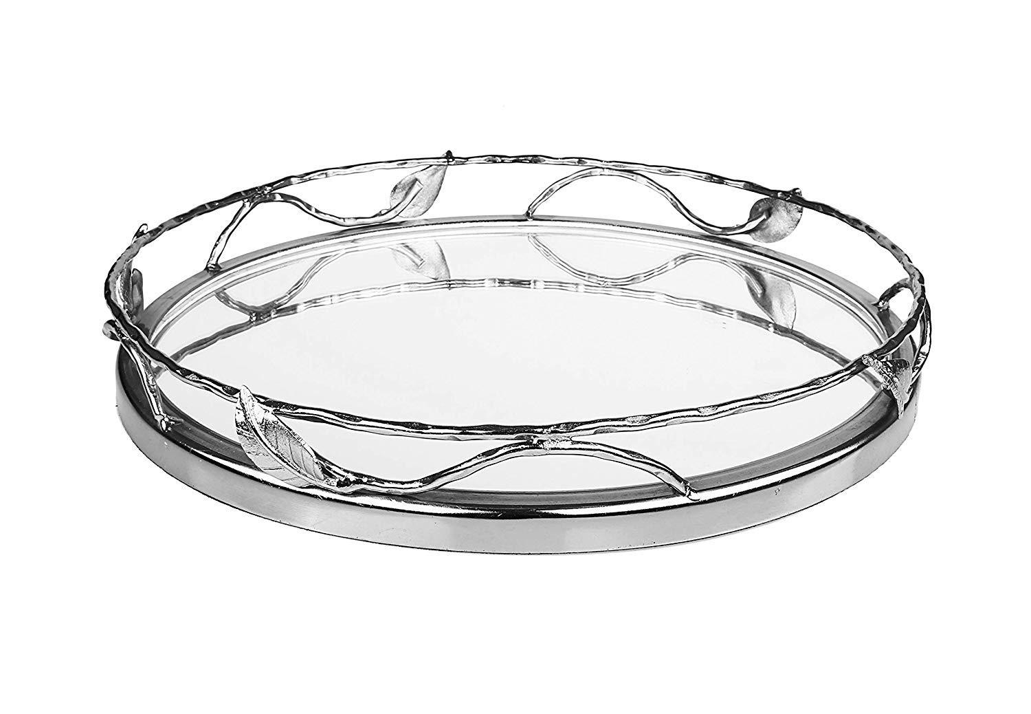 Round Mirror Tray with Nickel Leaf Design - Elegant Serving Tray - Round Mirror Vanity Tray…