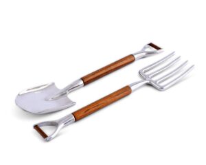 vagabond house pewter metal fork & shovel head with acacia wood salad serving set garden set serving tools 11 inch long