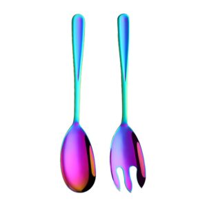 salad spoon and fork set，stainless steel salad serving set，durable&elegant,for salad, gravies or pasta, gold/brass finish (2pcs, rainbow)