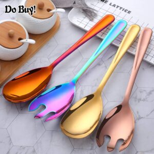 Salad Spoon and Fork Set，Stainless Steel Salad Serving Set，Durable&Elegant,for Salad, Gravies or Pasta, Gold/Brass Finish (2pcs, rainbow)