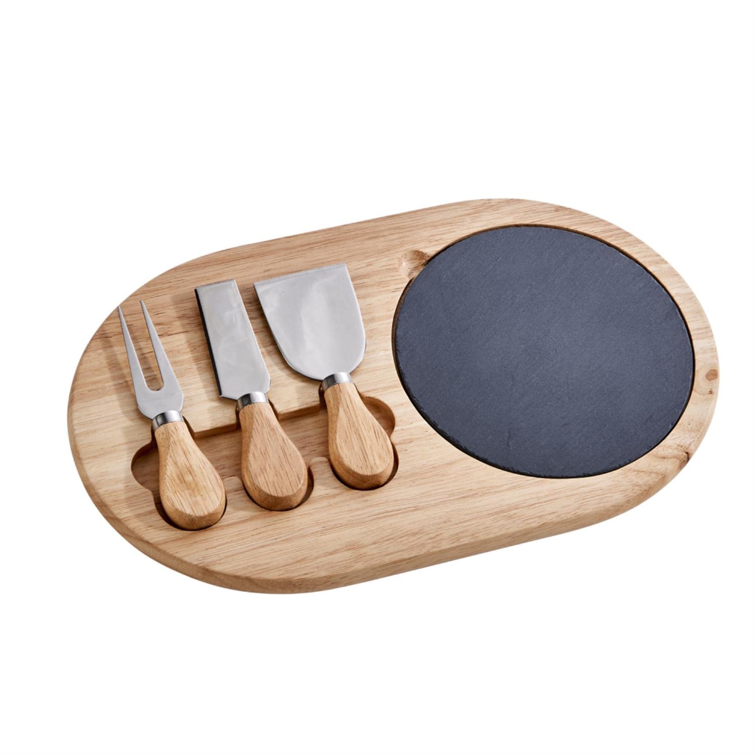 Creative Gifts International 3 Piece Cheese Slate And Wooden Board With 3 Cheese Knives, Compana Knife, Cheese Fork, Plane Knife, Wedding Gift, Gift Box Included