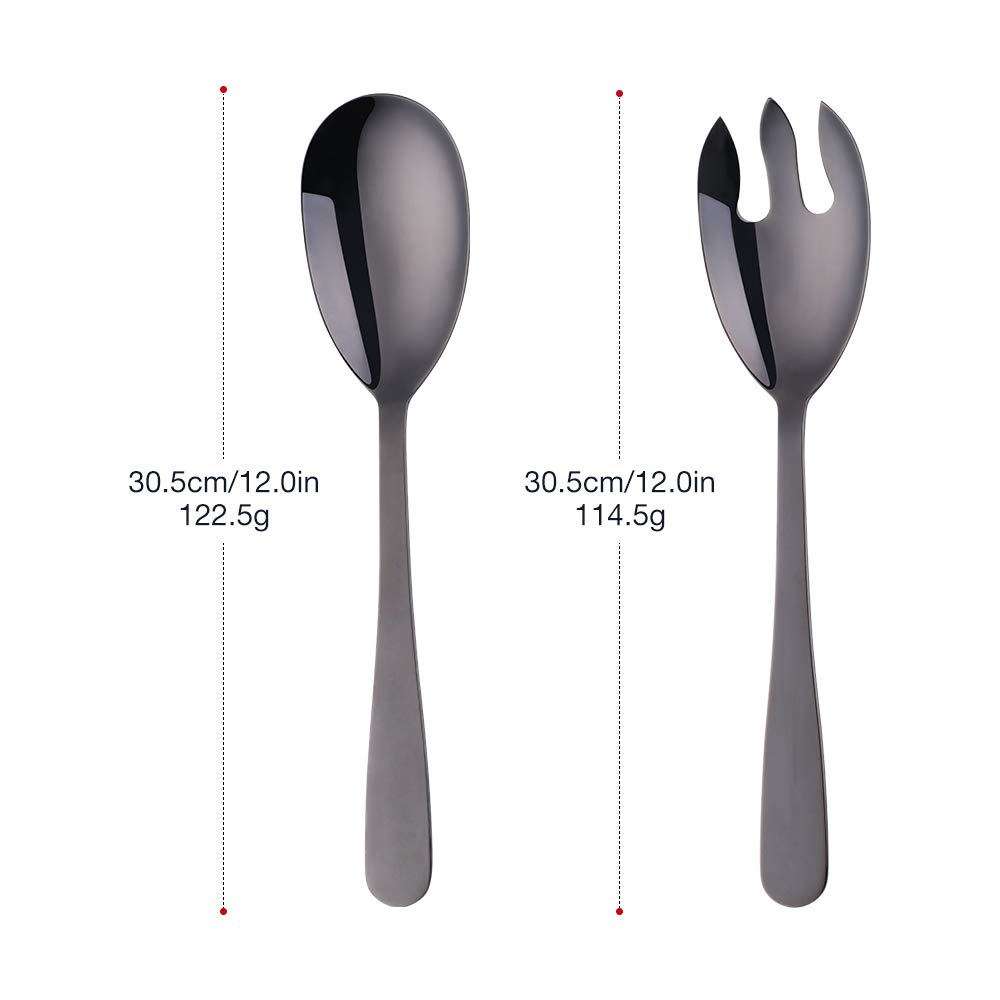 Mingcheng 12 Inches Stainless Steel Salad Server Sets with Salad Spoon and Fork, Cooking Utensils for Kitchen, Simple and Classic Dishwasher Safe(Black)