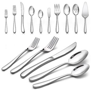 lianyu 45-piece heavy duty silverware set with serving utensils, stainless steel flatware set for 8, thick cutlery eating utensils include fork knife spoon, mirror finished, dishwasher safe