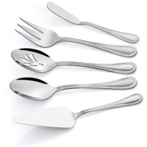 serving utensils, haware stainless steel silverware serving set 5 pieces, pearled edge hostess serving set for buffet party kitchen restaurant, mirror finished & dishwasher safe
