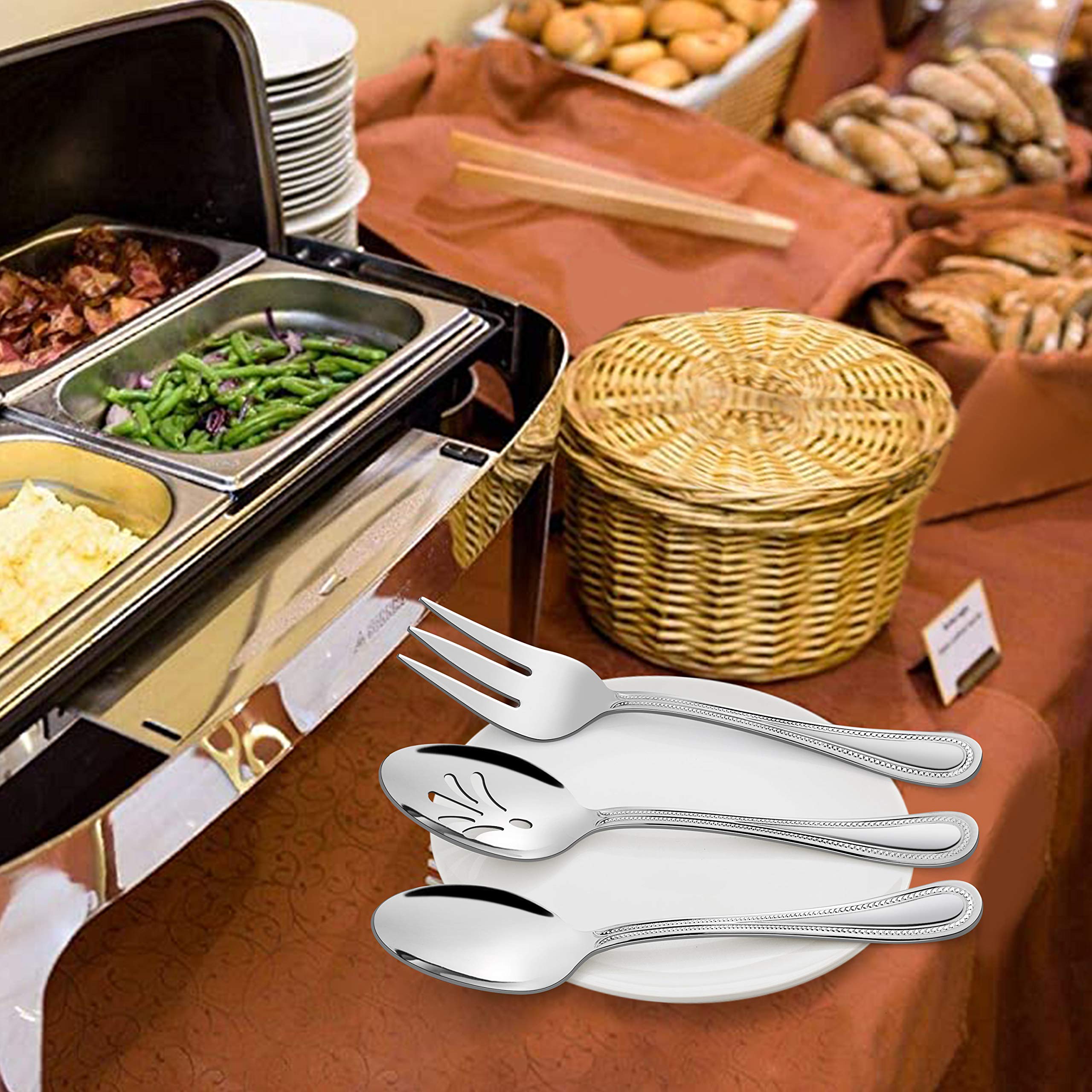 Serving Utensils, HaWare Stainless Steel Silverware Serving Set 5 Pieces, Pearled Edge Hostess Serving Set for Buffet Party Kitchen Restaurant, Mirror Finished & Dishwasher Safe