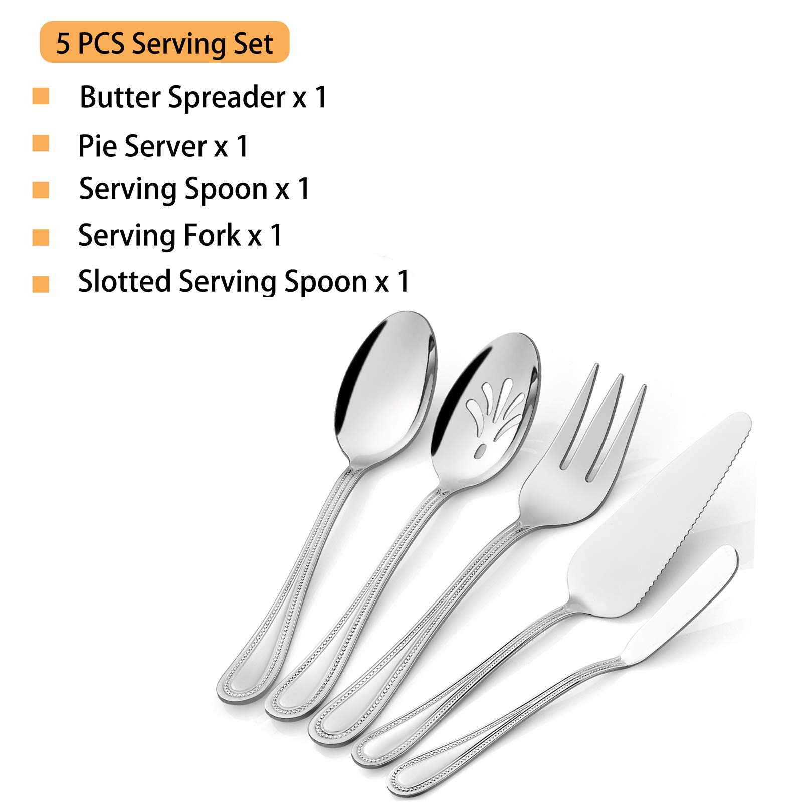 Serving Utensils, HaWare Stainless Steel Silverware Serving Set 5 Pieces, Pearled Edge Hostess Serving Set for Buffet Party Kitchen Restaurant, Mirror Finished & Dishwasher Safe