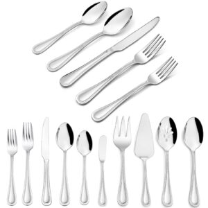 65-piece silverware set with serving utensils, haware stainless steel flatware service for 12, pearled edge tableware cutlery for home restaurant party, mirror polished, dishwasher safe