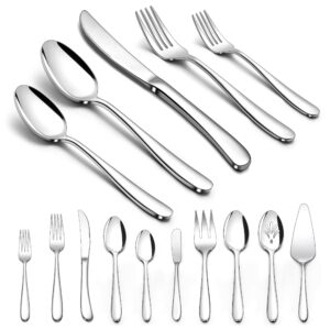 herogo heavy duty silverware set with serving utensils, 45-piece stainless steel heavy weight modern flatware set for 8, fancy cutlery for home wedding, dishwasher safe, mirror finished