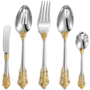 keawell gorgeous 5-piece 18/10 stainless steel hostess serving utensil set, dishwasher safe, gold accent