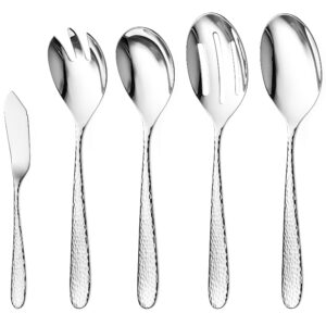 DANIALLI 10 Piece Serving Set, 18 10 Stainless Steel Hostess Set, Slotted Serving Spoon, Serving Spoon, Salad Serving Spoon/Fork, Butter Knife, Fidenza Hammered Set, Dishwasher Safe (Mirror Polished)