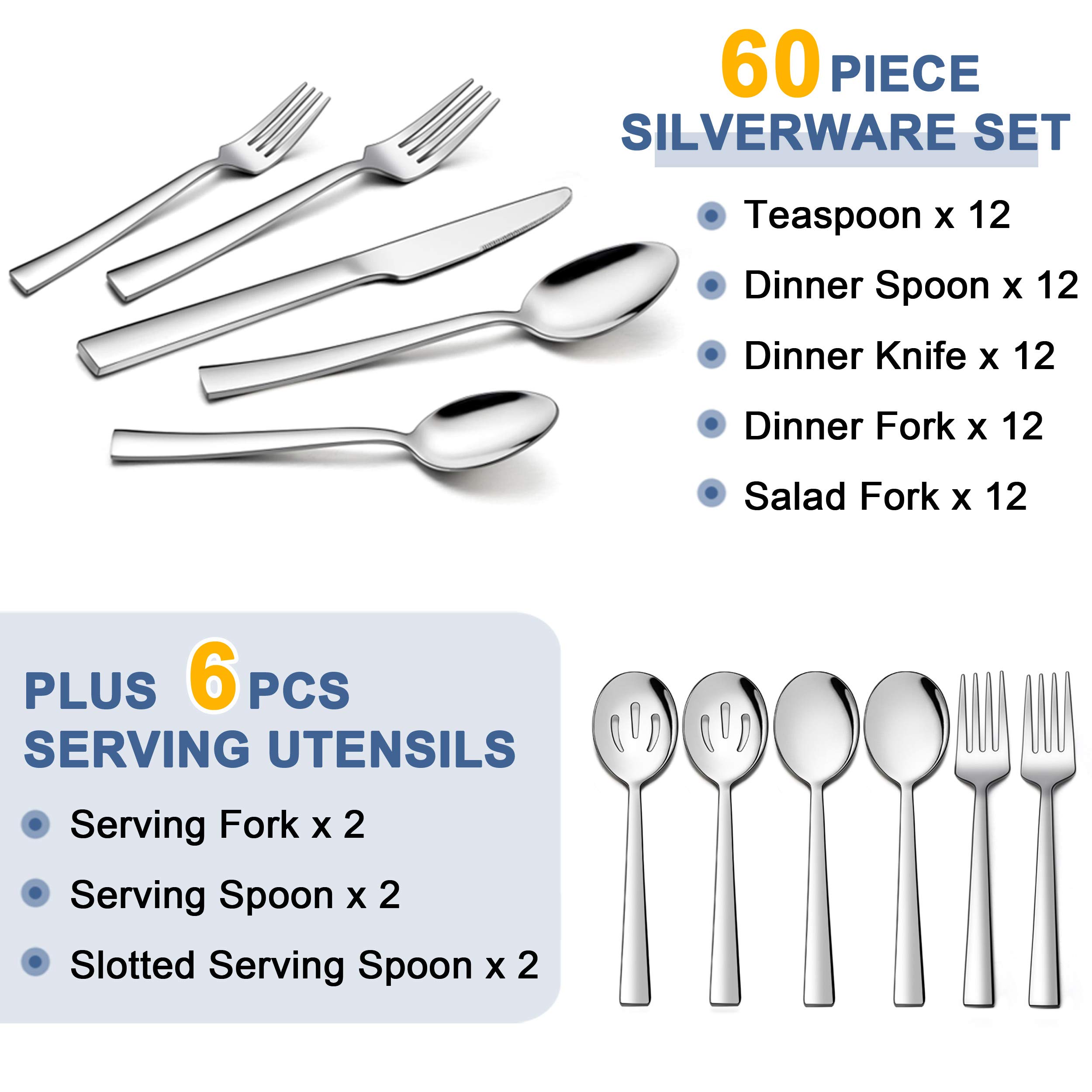 Homikit 66-Piece Silverware Flatware Set with Serving Utensils, Stainless Steel Square Cutlery Set for 12, Eating Utensils Includes Fork Spoon Knife, Dishwasher Safe