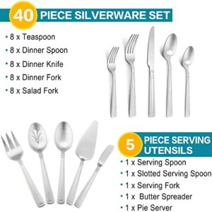 LIANYU 45 Pieces Heavy Duty Silverware Set with Serving Utensils, Fancy Stainless Steel Flatware Set for 8, Modern Cutlery Set Thick Eating Utensils for Wedding Entertaining, Dishwasher Safe