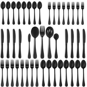 hiware matte black silverware set with serving utensils for 8, food grade stainless steel flatware cutlery set for home and restaurant, fork spoon knife set, hand wash recommended