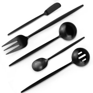 vanvro matte black serving silverware set, 5-piece round shared utensils set of stainless steel, hostess flatware serving set, satin finish, dishwasher safe