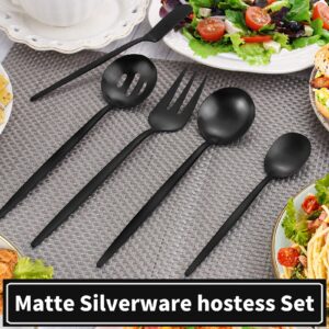 VANVRO Matte Black Serving Silverware Set, 5-Piece Round Shared Utensils Set of Stainless Steel, Hostess Flatware Serving Set, Satin Finish, Dishwasher Safe