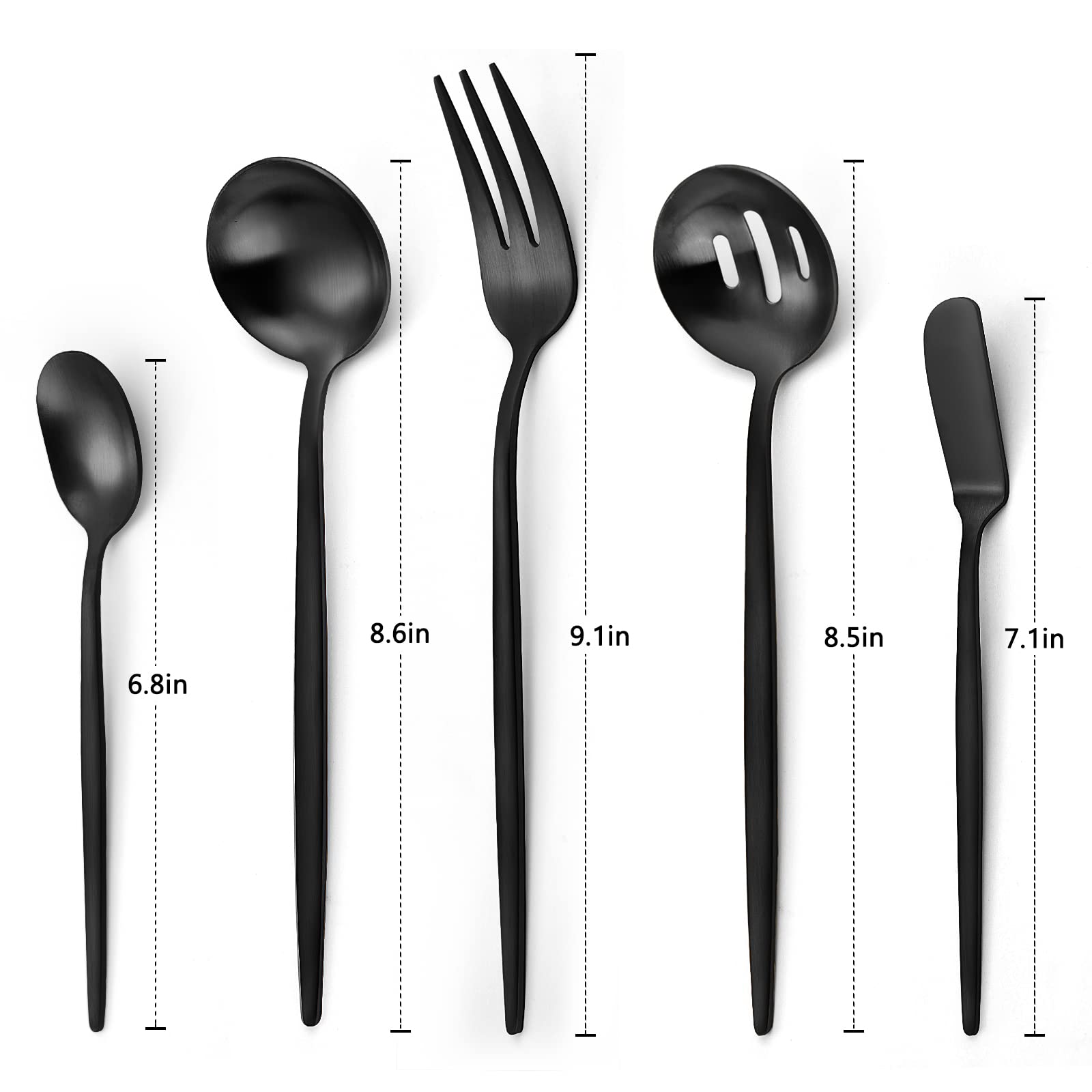 VANVRO Matte Black Serving Silverware Set, 5-Piece Round Shared Utensils Set of Stainless Steel, Hostess Flatware Serving Set, Satin Finish, Dishwasher Safe