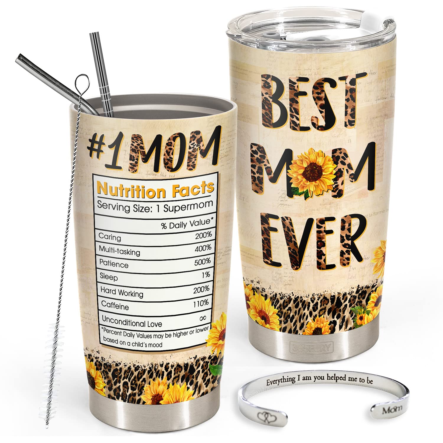 365fury Best Mom Ever Gifts - Mothers Day Gifts For Mom From Daughter, Son - Birthday, Christmas Gifts Idea For Mom From Kids - 20oz Mom Tumbler With Straw, Inspirational Bangle Bracelet For Women