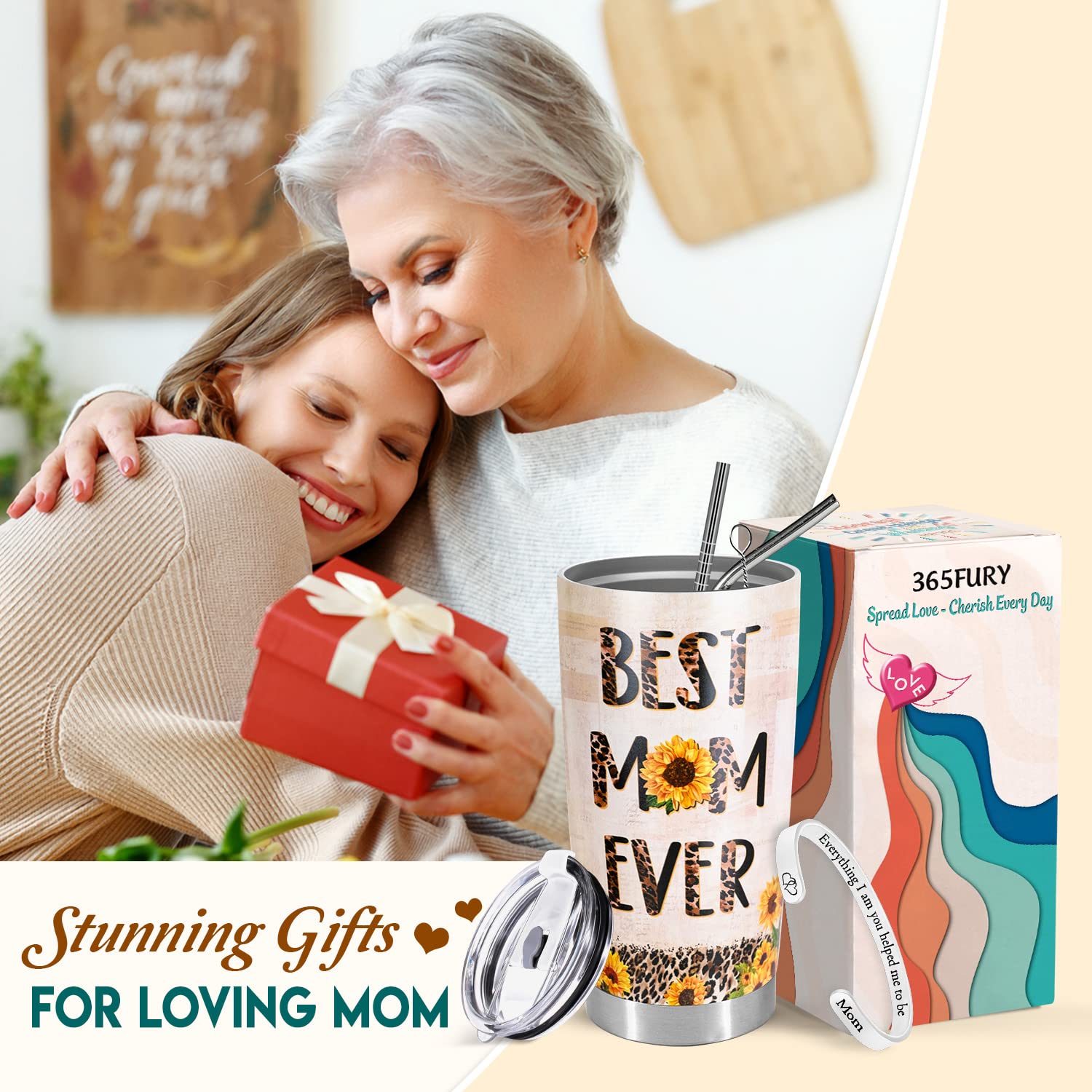365fury Best Mom Ever Gifts - Mothers Day Gifts For Mom From Daughter, Son - Birthday, Christmas Gifts Idea For Mom From Kids - 20oz Mom Tumbler With Straw, Inspirational Bangle Bracelet For Women
