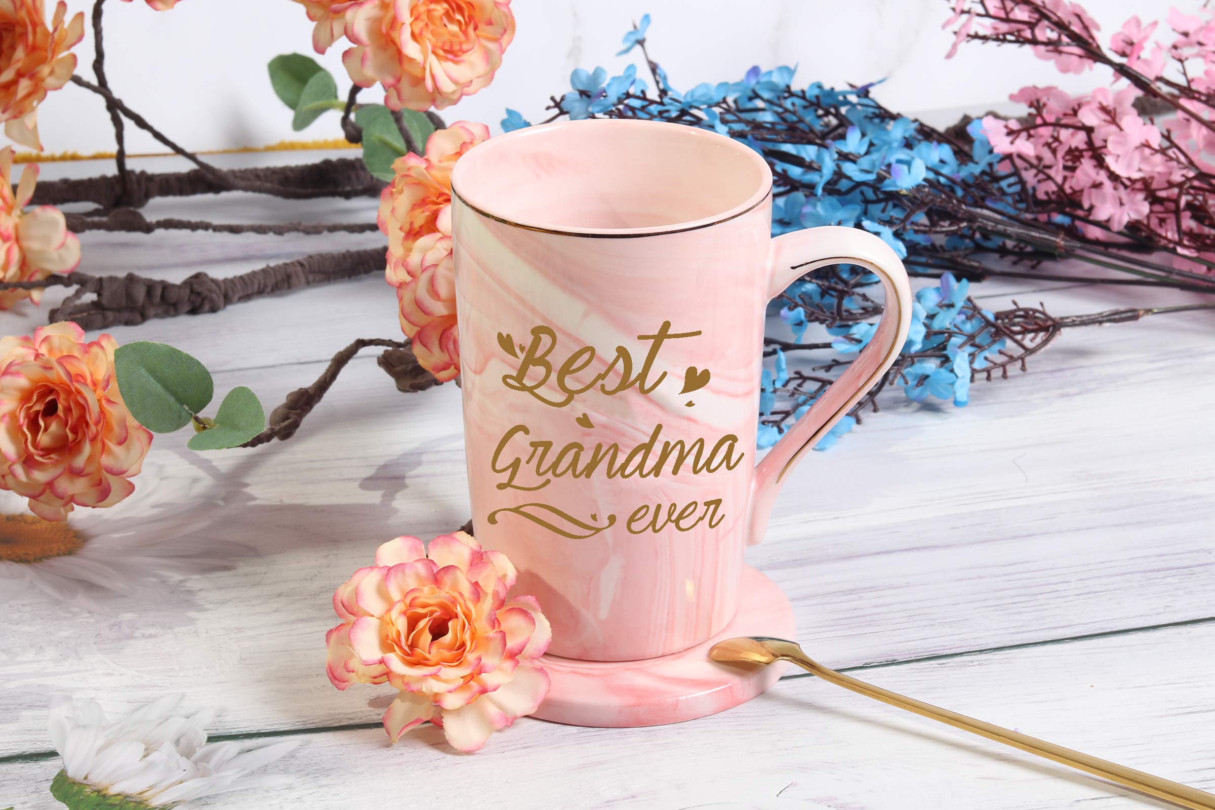 Best Grandma Mug Best Grandma Ever Mug Grandma gifts Birthday Mothers Day Gifts for Grandma from Granddaughter Grandson Grandchildren Grandkids 14 Ounce Exquisite Box Spoon and Mug Mat Pink