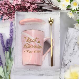 Mother In Law Coffee Mugs Best Mother In Law Gifts Birthday Mothers Day Gifts from Daughter Son In Law 14 Ounce Pink with Gift Box Spoon Coaster