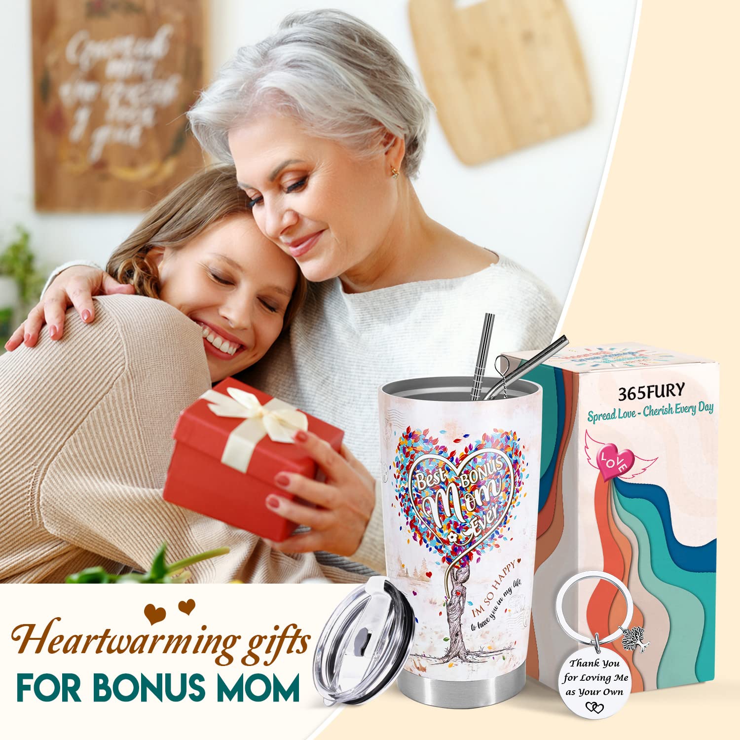 365FURY Gifts For Bonus Mom From Son, Daughter - Best Bonus, Step Ever 20oz Tumbler w/Straw & Keychain Christmas, Birthday, Mothers Day Stepmom, Mother in law, Boyfriend