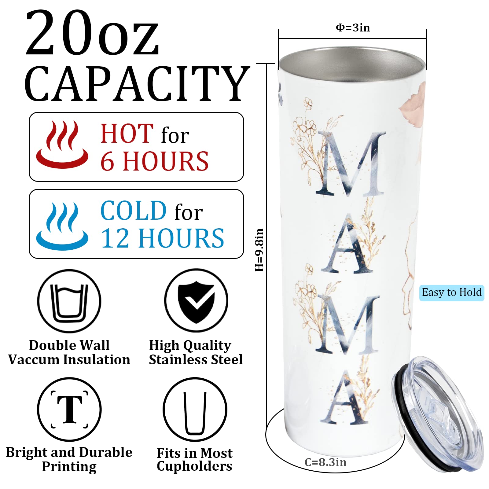 Joyseller Practical Gifts for Mom, Floral Mother’s Day Gifts, 20 OZ MAMA Travel Tumbler Birthday Gifts for Women, Mom Gifts Ideal from Son, Daughter, Best Friend