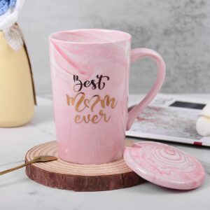 WeBingo Mom Coffee Mug, Best Mom Ever Mug, 16 Oz Coffee Cup With Exquisite Box Packing Spoon, Pink Ceramic Marble Mothers Funny Ideas Mug, Pregnancy Birthday Valentine Christmas Gift