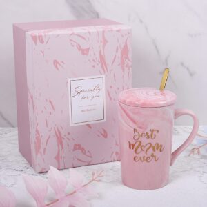 WeBingo Mom Coffee Mug, Best Mom Ever Mug, 16 Oz Coffee Cup With Exquisite Box Packing Spoon, Pink Ceramic Marble Mothers Funny Ideas Mug, Pregnancy Birthday Valentine Christmas Gift