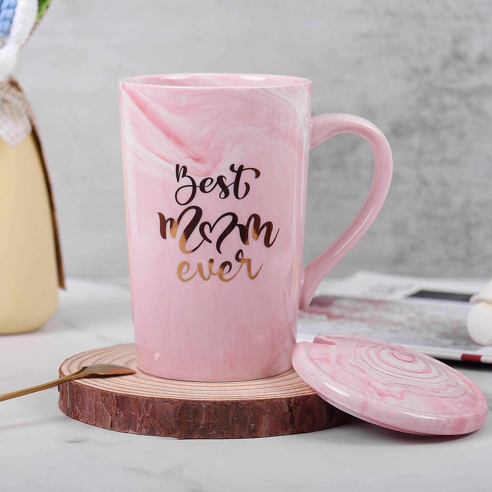 WeBingo Mom Coffee Mug, Best Mom Ever Mug, 16 Oz Coffee Cup With Exquisite Box Packing Spoon, Pink Ceramic Marble Mothers Funny Ideas Mug, Pregnancy Birthday Valentine Christmas Gift