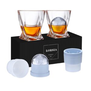 whiskey rocks glass, set of 4 (2 crystal bourbon glasses, 2 round big ice ball molds) in gift box - 11 oz old fashioned glasses for scotch cocktail rum cognac vodka liquor, unique gifts for men