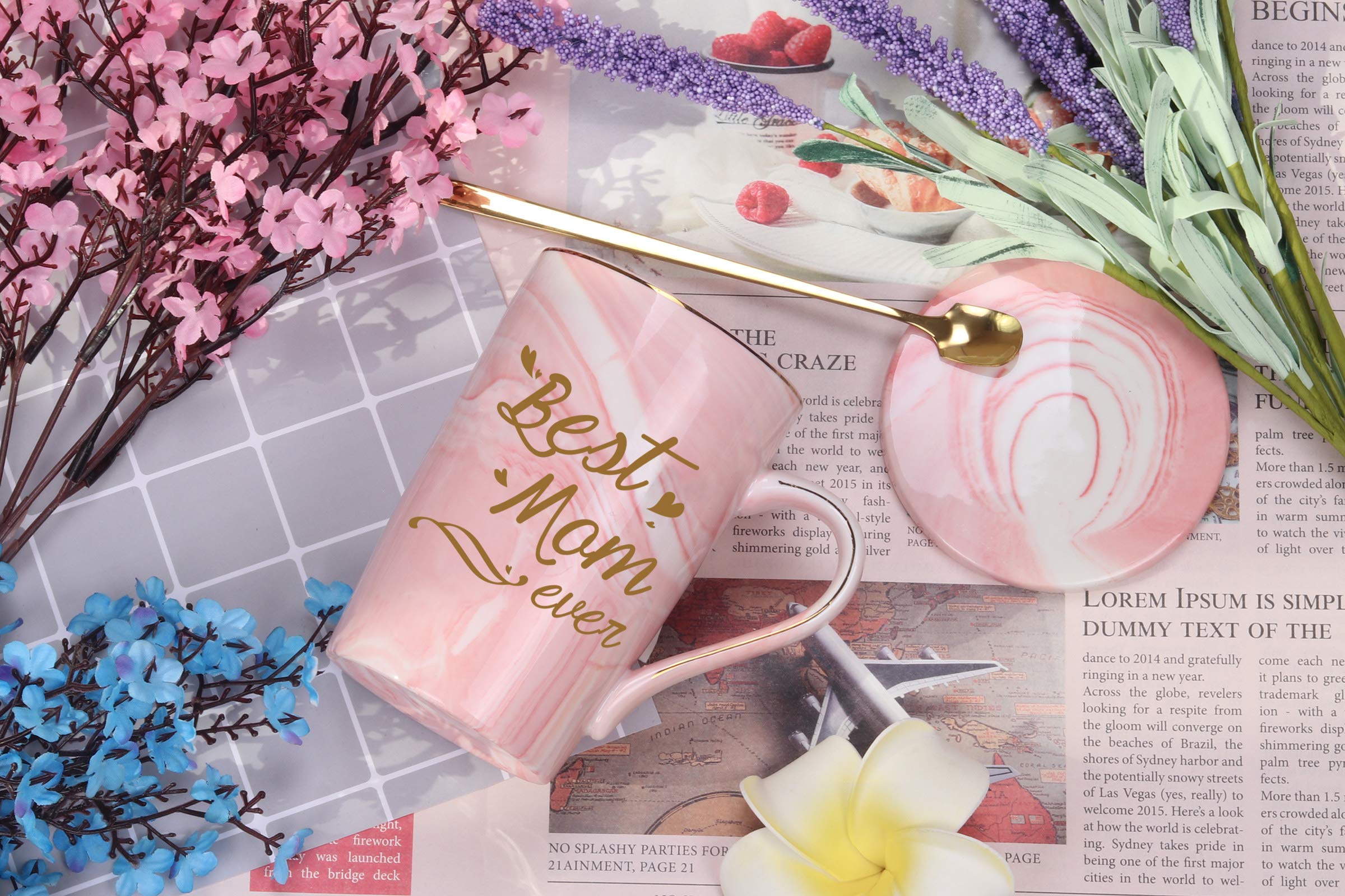 Best Mom Gifts Mom Mug Birthday Mothers Day Gifts for Mom from Daughter Son 14 Ounce Gift Box with Spoon and Cup Mat Pink