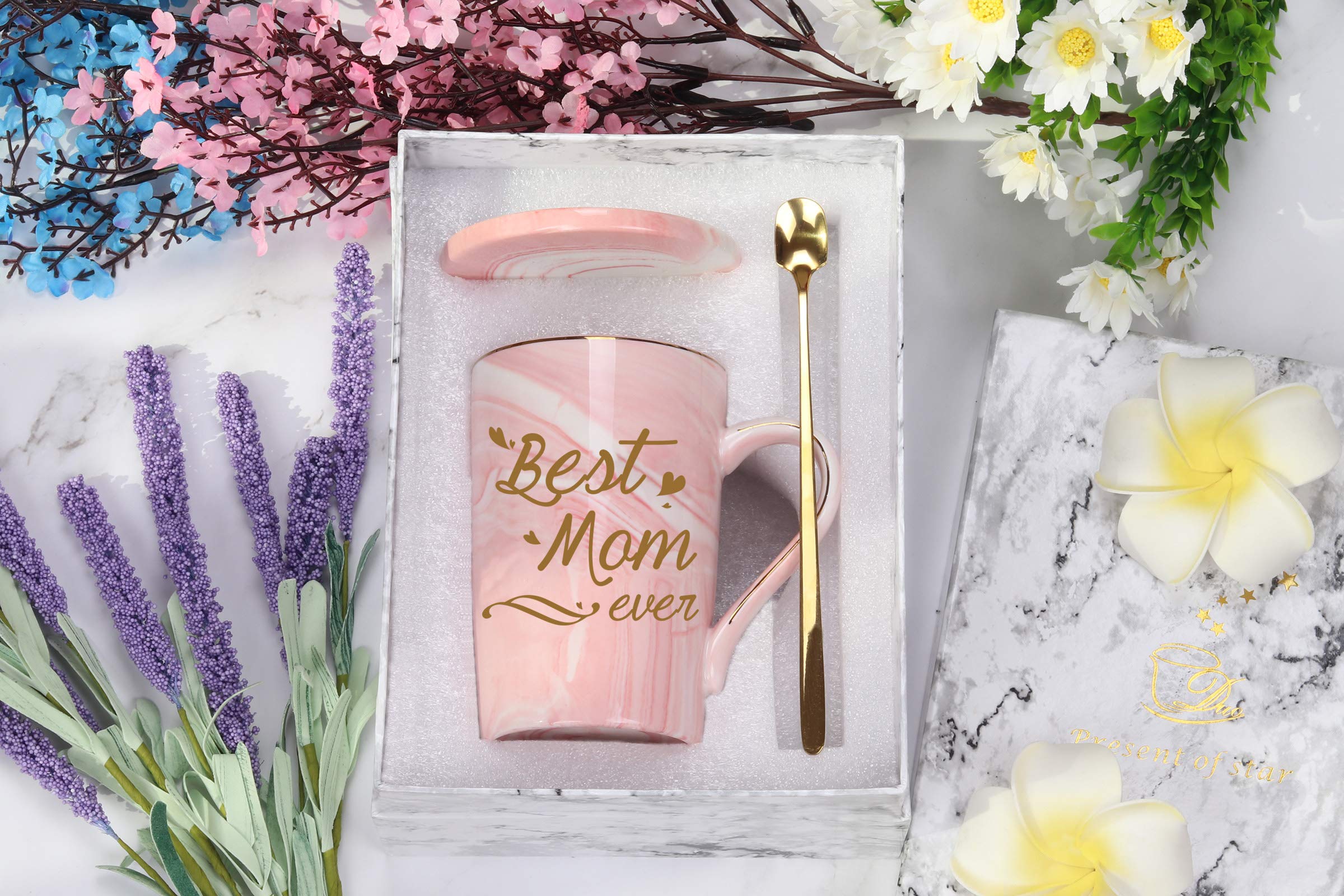 Best Mom Gifts Mom Mug Birthday Mothers Day Gifts for Mom from Daughter Son 14 Ounce Gift Box with Spoon and Cup Mat Pink