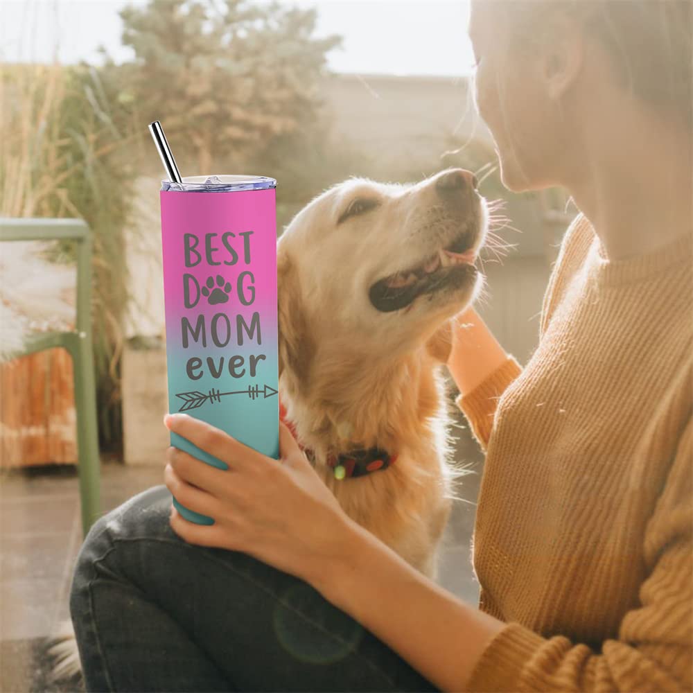 Xisilin Dog Mom Gifts For Women Dog Themed Gifts For Dog Mom- 20oz White Best Dog Mom Ever Travel Tumbler - Christmas Birthday Presents For Dog Lovers Female Women Teen Girls Water Cup With Lip Straw