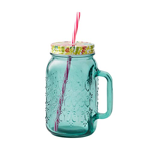 The Pioneer Women Sunny Days Teal Drinking Glass with Straw and Lid Mason jar,32 ounces