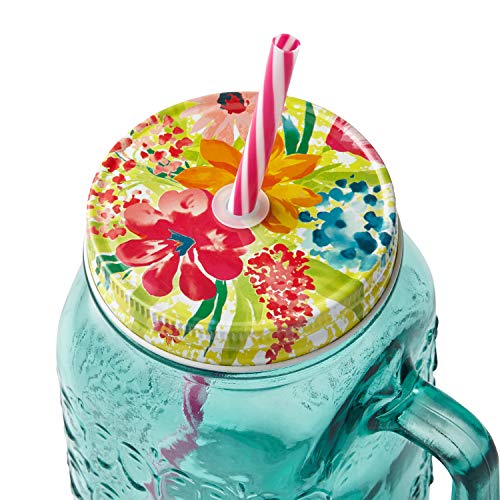 The Pioneer Women Sunny Days Teal Drinking Glass with Straw and Lid Mason jar,32 ounces