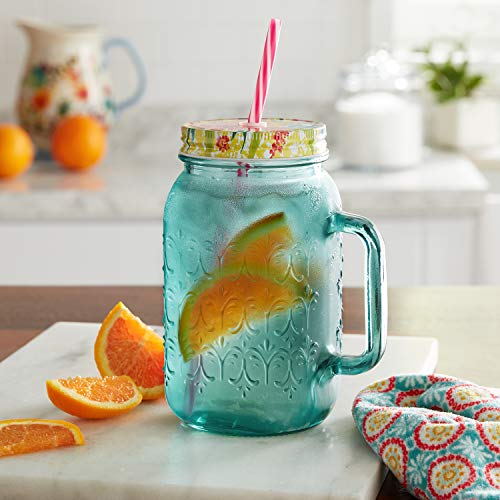 The Pioneer Women Sunny Days Teal Drinking Glass with Straw and Lid Mason jar,32 ounces