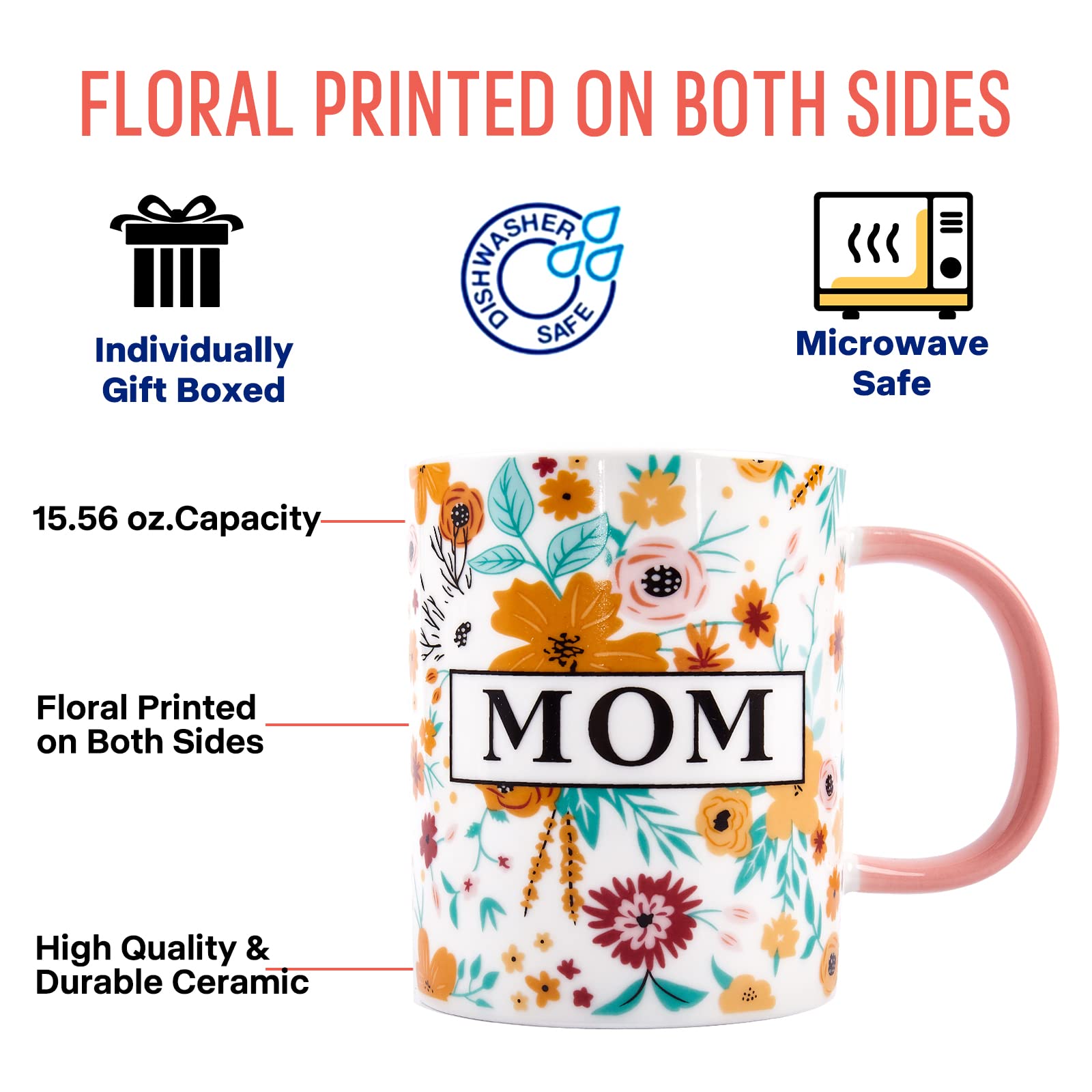 Oyiyou Gifts for Mom - Mothers Day Birthday Christmas Day Valentines Day Thanksgiving Gifts for Mom - Best Mom Gifts - I LOVE YOU MOM Floral Ceramic Coffee Mug 15.56 OZ