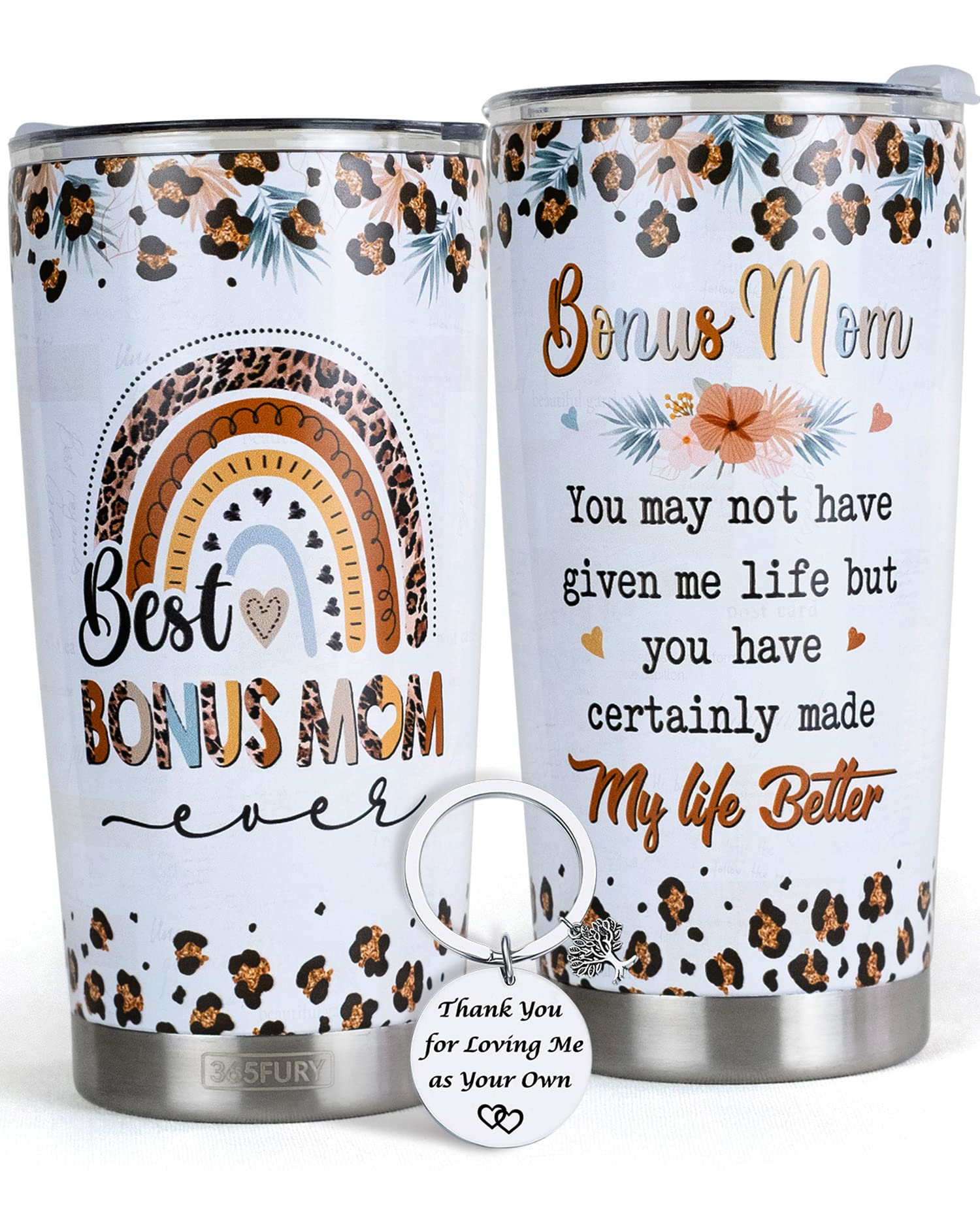 365fury Gifts For Bonus Mom From Son, Daughter - Best Bonus, Step Mom Ever Gifts - 20oz Tumbler w/Straw & Keychain - Christmas, Mothers Day, Birthday Gifts For Stepmom, Mother In Law, Boyfriend Mom